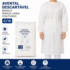 avental descartavel branco manga longa com punho c/10